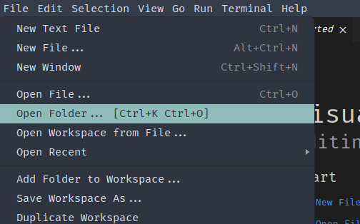 VS-Code screenshot showing the file menu dropdown with &ldquo;New Project&hellip;&rdquo; selected