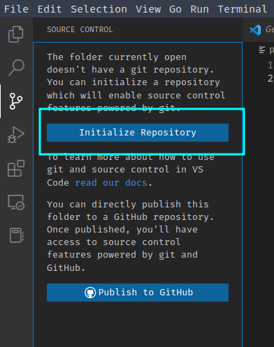 VS-Code screenshot showing how to initialise a repository